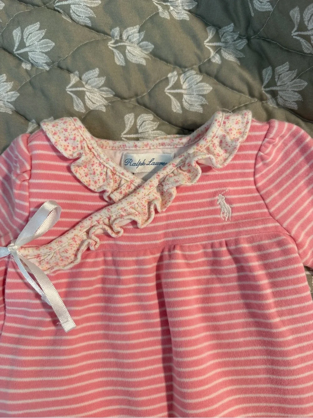 Ralph Lauren Pink & White Striped Baby Footie with Lace Trim